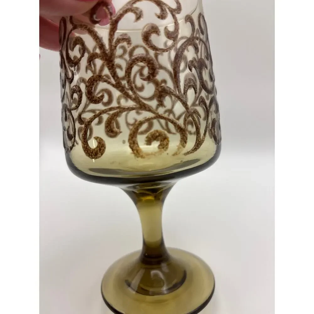 Vintage Libbey Prado Water Goblets (3)Wine Goblets(2) Scroll Pattern Brown